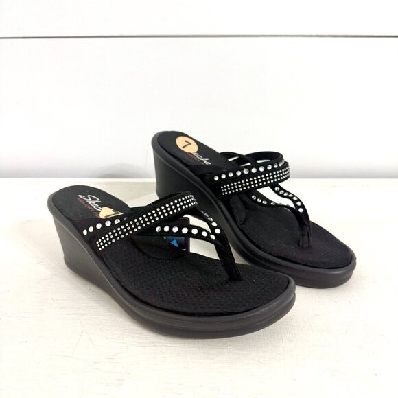 Skechers Black Rhinestone Cali Rumblers Comfort Slip On Wedge Sandals Size 7 - Picture 3 of 16